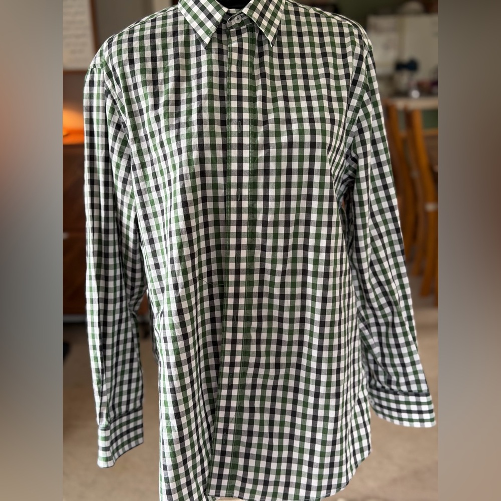 Nick Graham Men’s Green White Gingham Check Button-Down Shirt Preppy Plaid